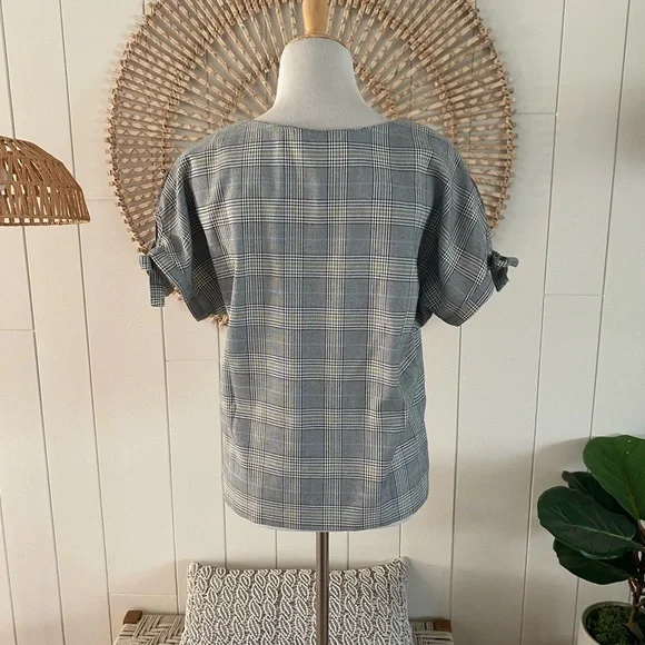 Gray Plaid Top Red Floral Embroidery Short Sleeve Casual Blouse by THML medium - Picture 6 of 8